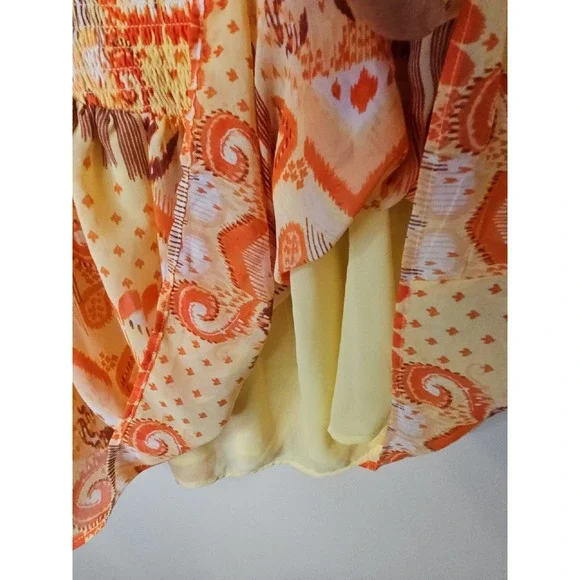 Torrid Top 00 M/L Ikat Babydoll Smocked Boho Ruffle Western Patchwork Earthy - Picture 8 of 16